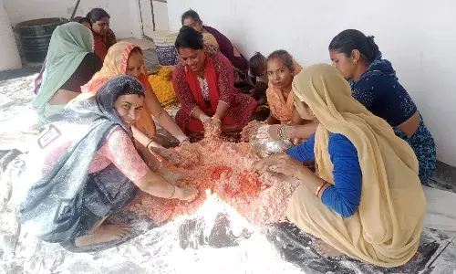 शक्करगढ़ में राजीविका की महिलाओं का नवाचार: फूलों और बिल्व पत्र से बनाई हर्बल गुलाल