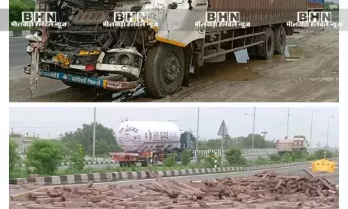 रायला में ट्रक कंटेनर की टक्कर से ट्रैक्टर ट्रॉली पलटी, एक की मौत, दो घायल