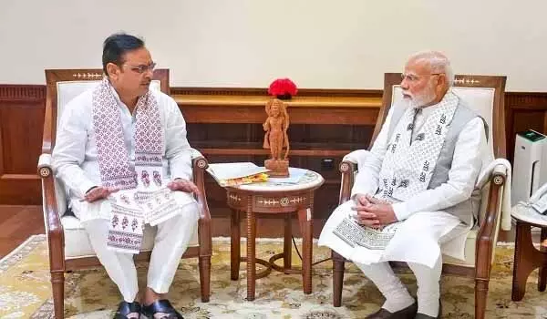 प्रधानमंत्री मोदी से मुख्यमंत्री भजनलाल शर्मा की मुलाकात, संसद भवन के दफ्तर में हुई मुलाकात