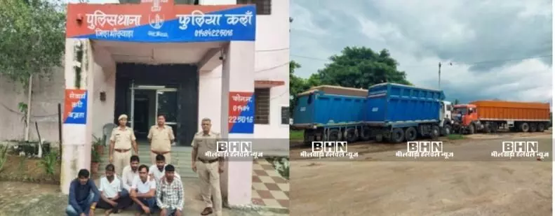 बजरी माफिया पर बड़ी कार्रवाई-दो डंपर, एक ट्रेलर और एस्कॉर्ट करती कार जब्त, छह गिरफ्तार