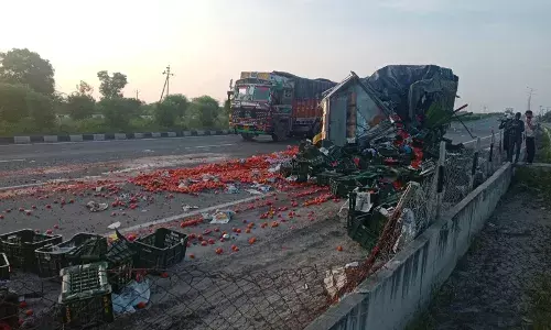 नानकपुरा : ट्रक खड़े ट्रेलर से टकराया, सड़क हुई टमाटरों से लाल नानकपुरा : ट्रक खड़े ट्रेलर से टकराया, सड़क हुई टमाटरों से लाल