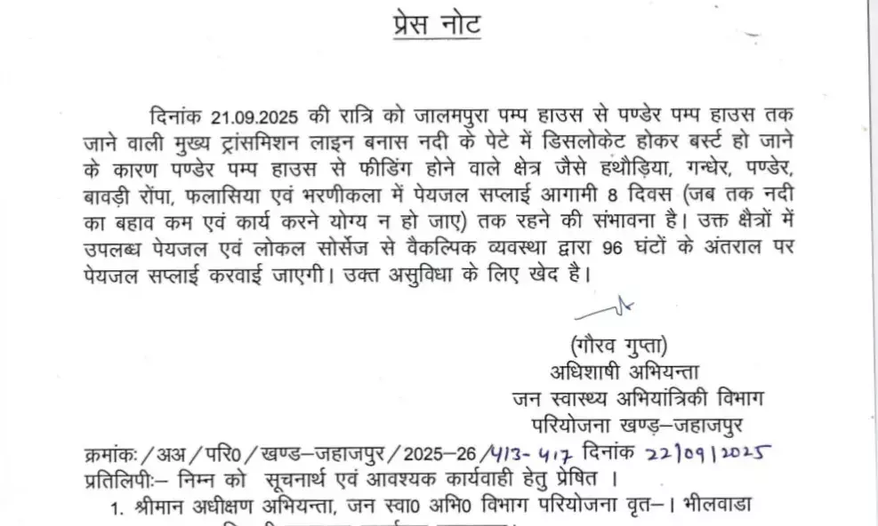 पंडेर पंप हाउस की मुख्य ट्रांसमिशन लाइन बस्र्ट, 96 घंटे के अंतराल में होगी पेयजल सप्लाई