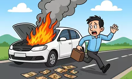 कार के  साथ बोनट  में छिपाकर रखी लाखों रुपए की नकदी  जलकर राख