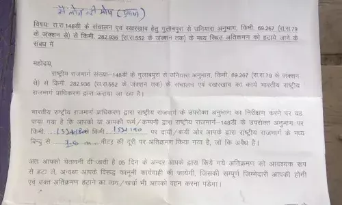 राष्ट्रीय राजमार्ग पर अतिक्रमण हटाने के आदेश, NHAI ने जारी किया नोटिस