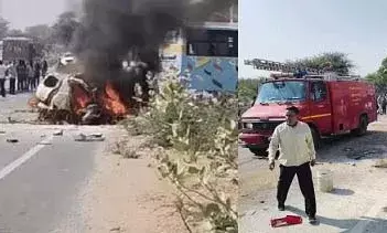 बस की टक्कर से CNG कार में ब्लास्ट, ज्वेलरी व्यवसायी की मौत, हाईवे-11 पर भीषण हादसे के बाद लगा जाम