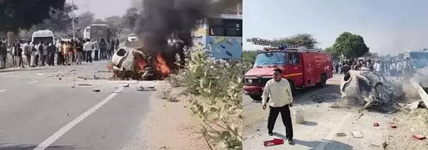 बस की टक्कर से CNG कार में ब्लास्ट, ज्वेलरी व्यवसायी की मौत, हाईवे-11 पर भीषण हादसे के बाद लगा जाम