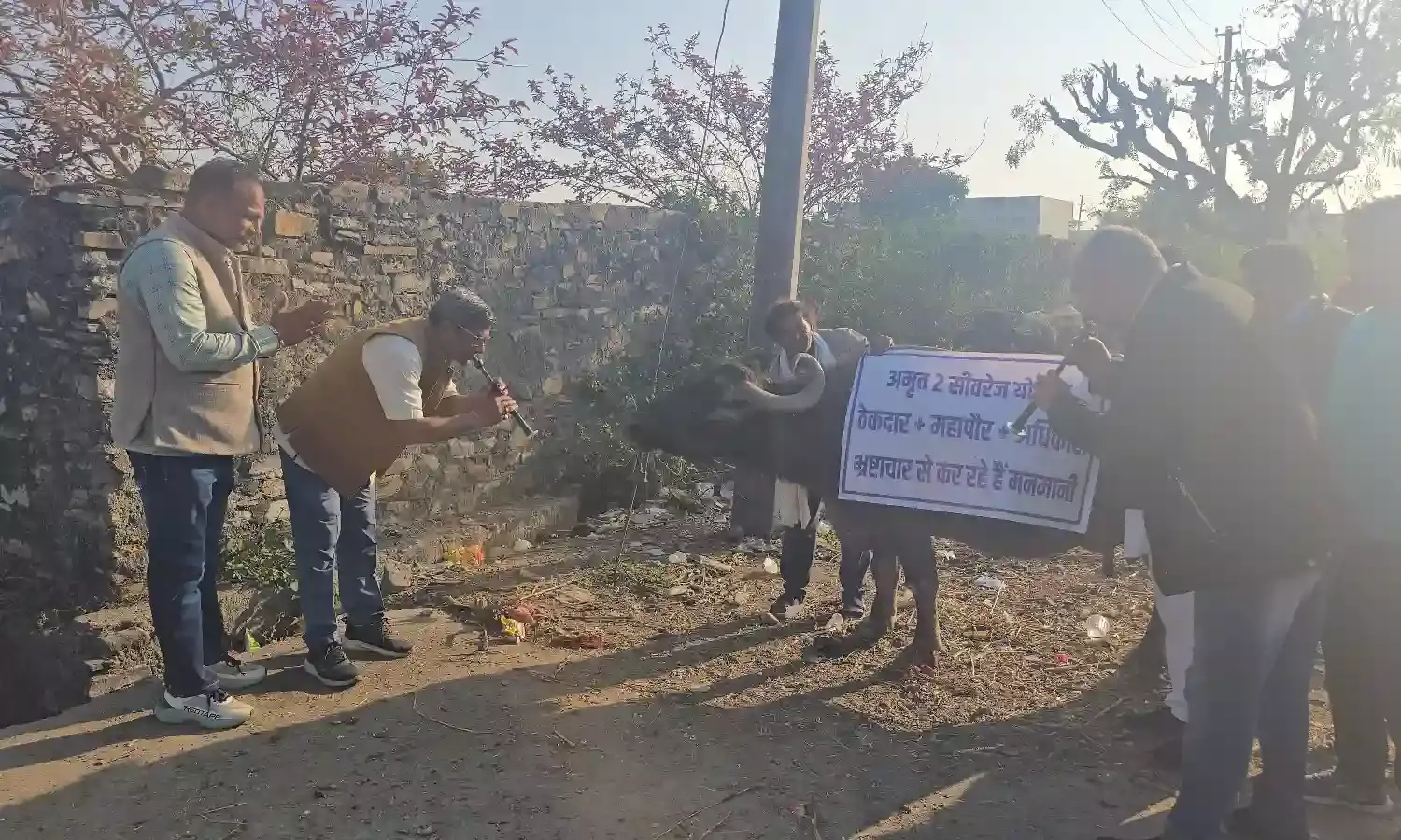 भैंस के आगे बीन बजा कर 100 फीट रोड पर किया प्रदर्शन भैंस के आगे बीन बजा कर 100 फीट रोड पर किया प्रदर्शन