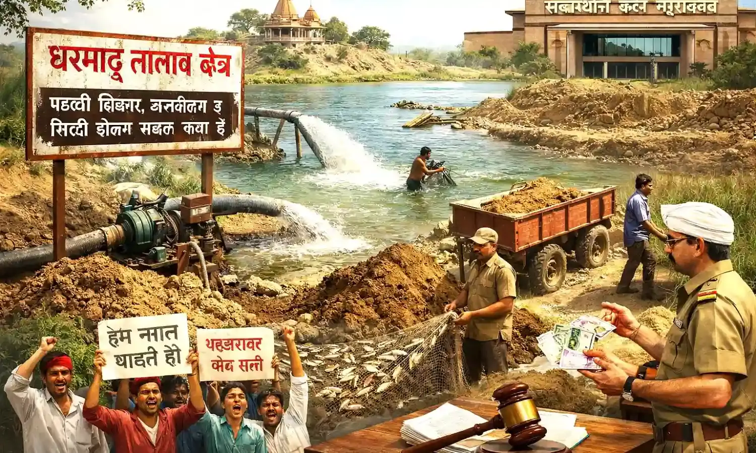 धर्माउ तालाब पर डाका! कोर्ट के आदेश, कलेक्टर के निर्देश,सब बेअसर, पटवारी-गिरदावर-खाप की तिकड़ी ने पानी-मिट्टी लूटी