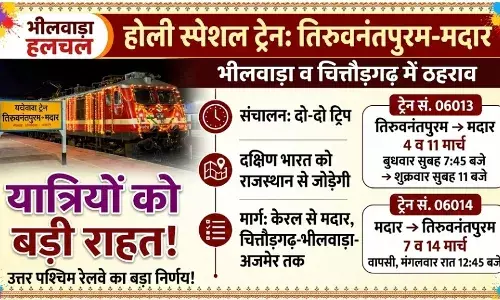 होली पर यात्रियों को बड़ी राहत: केरल से राजस्थान के बीच चलेगी स्पेशल ट्रेन, भीलवाड़ा और चित्तौड़गढ़ में होगा ठहराव