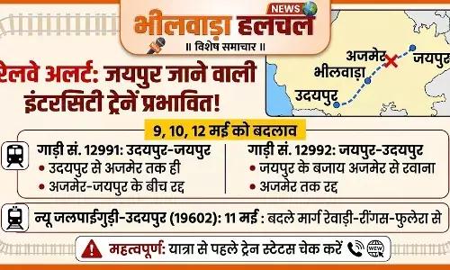उदयपुर-भीलवाड़ा-जयपुर रेल मार्ग प्रभावित, इंटरसिटी समेत कई ट्रेनें आंशिक रद्द