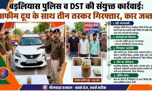 बड़लियास पुलिस व DST की बड़ी कार्रवाई: अफीम दूध के साथ तीन तस्कर गिरफ्तार, कार जब्त