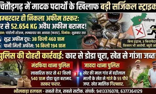 चित्तौड़गढ़ में मादक पदार्थों के खिलाफ बड़ी सर्जिकल स्ट्राइक: नारकोटिक्स विभाग ने लम्बरदार के घर से पकड़ी भारी मात्रा में अवैध अफीम, पुलिस ने डोडा चूरा व गांजा जब्त किया