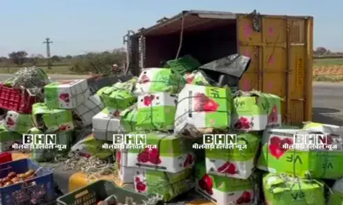 हाइवे पर टायर फटने से पलटा फ्रूट से भरा ट्रक, चालक घायल, सड़क पर बिखरी फलों की पेटियां