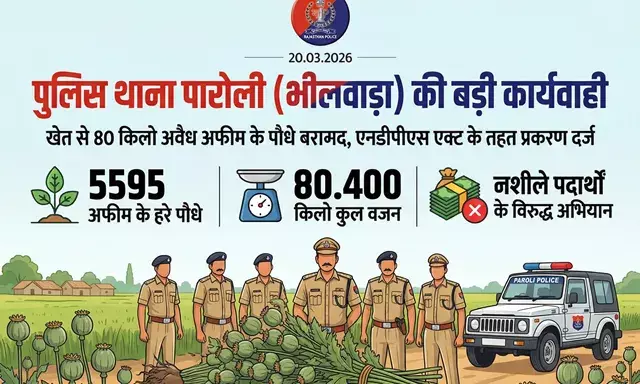 भीलवाड़ा पुलिस की बड़ी कार्रवाई: पारोली में गेहूं के खेत से 80 किलो अफीम के पौधे बरामद भीलवाड़ा पुलिस की बड़ी कार्रवाई: पारोली में गेहूं के खेत से 80 किलो अफीम के पौधे बरामद
