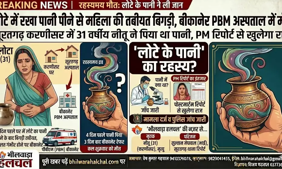 लोटे में रखा पानी पीने से महिला की तबीयत बिगड़ी, बीकानेर के पीबीएम अस्पताल में इलाज के दौरान मौत लोटे में रखा पानी पीने से महिला की तबीयत बिगड़ी, बीकानेर के पीबीएम अस्पताल में इलाज के दौरान मौत