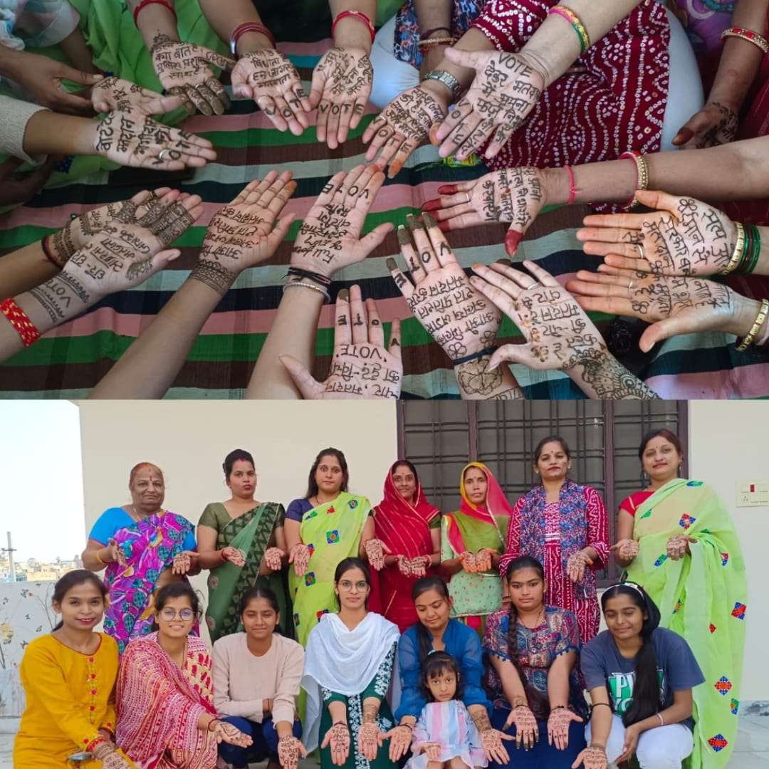 मतदान जागरूकता अभियान के तहत छात्राओ ने बनाई मेहंदी